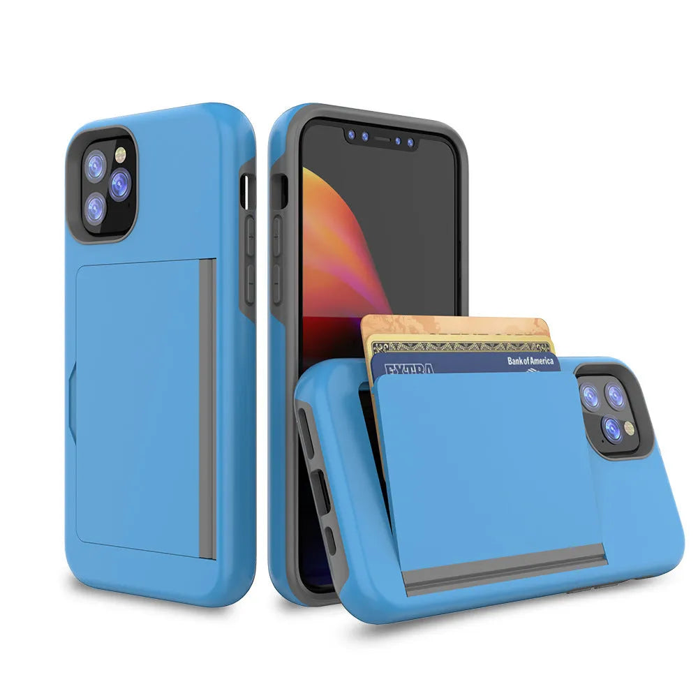 Solid-colour TPU and PC mobile phone case for Apple iPhone 11, shown in black, red, pink, dark blue, blue, and purple.