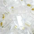 White network modular plug with gold-plated three-fork contacts for RJ45 connections