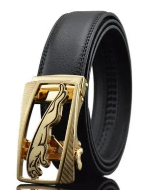 Men's black leather automatic buckle belt with a chrome buckle, showing the push-through fastening mechanism.