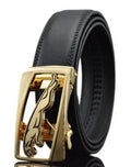 Men's black leather automatic buckle belt with a chrome buckle, showing the push-through fastening mechanism.