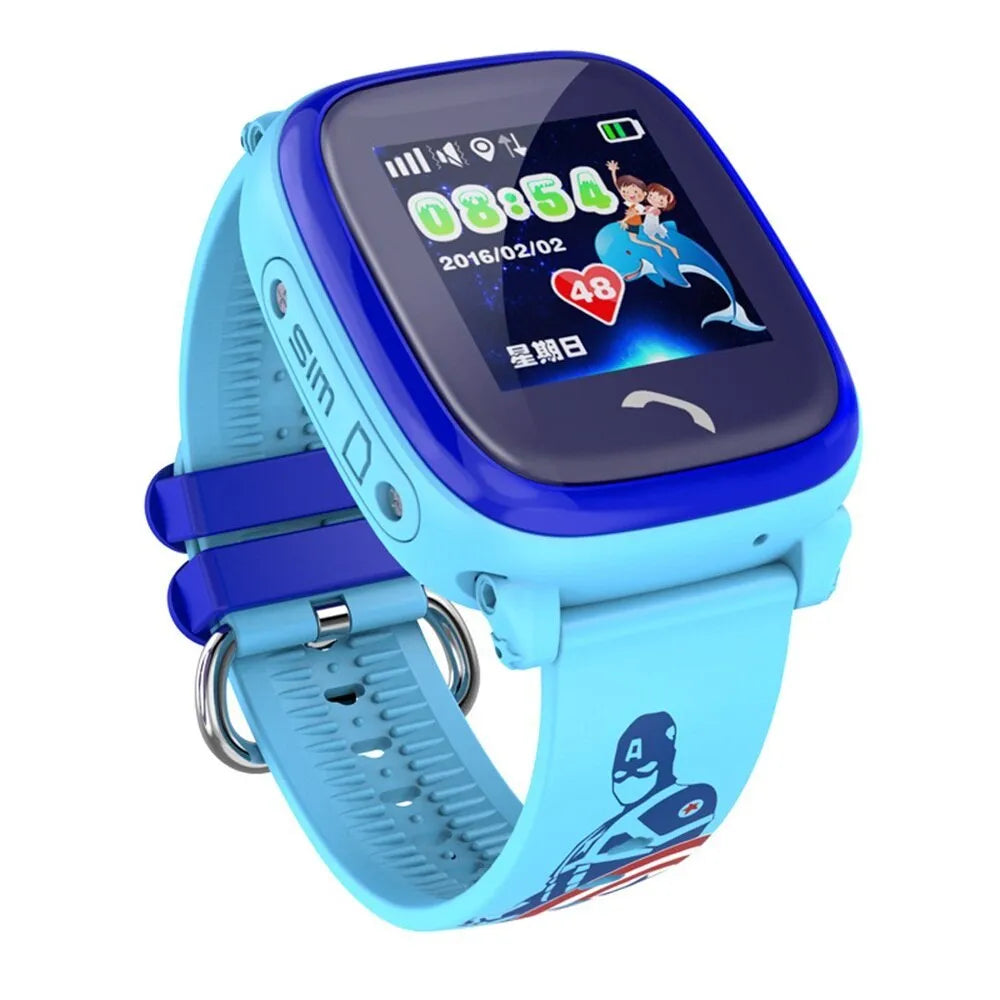 DF25 blue children's waterproof smart watch with touch screen and silicone strap showing SOS button