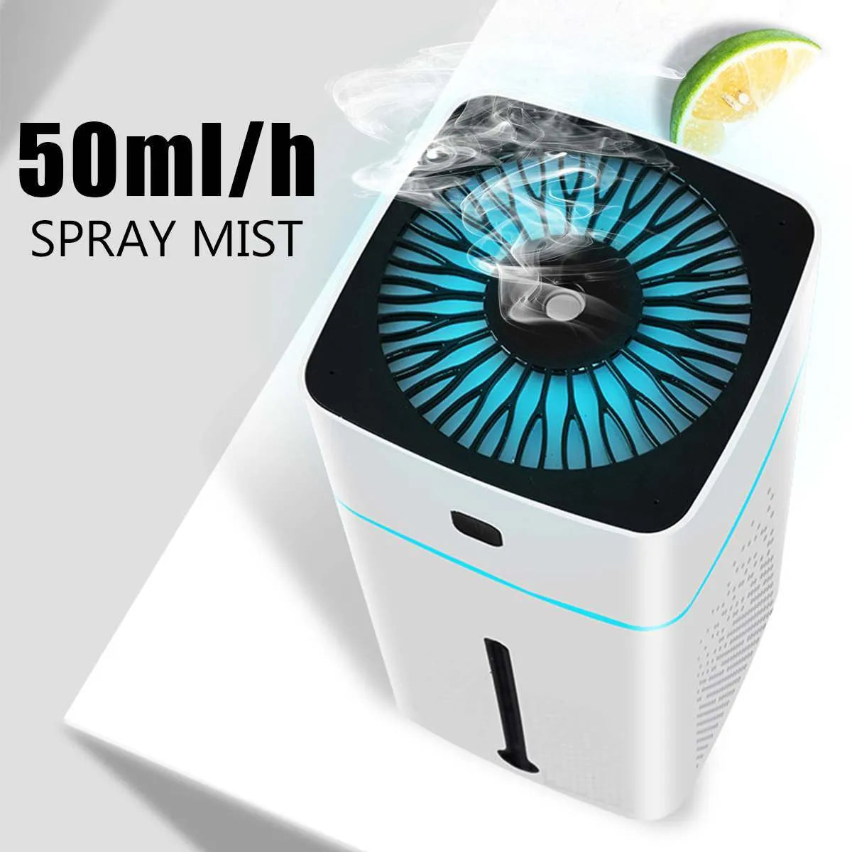 Black and white desktop ultrasonic humidifier with USB cable, 1000ml tank, dimensions 103x103x218mm.