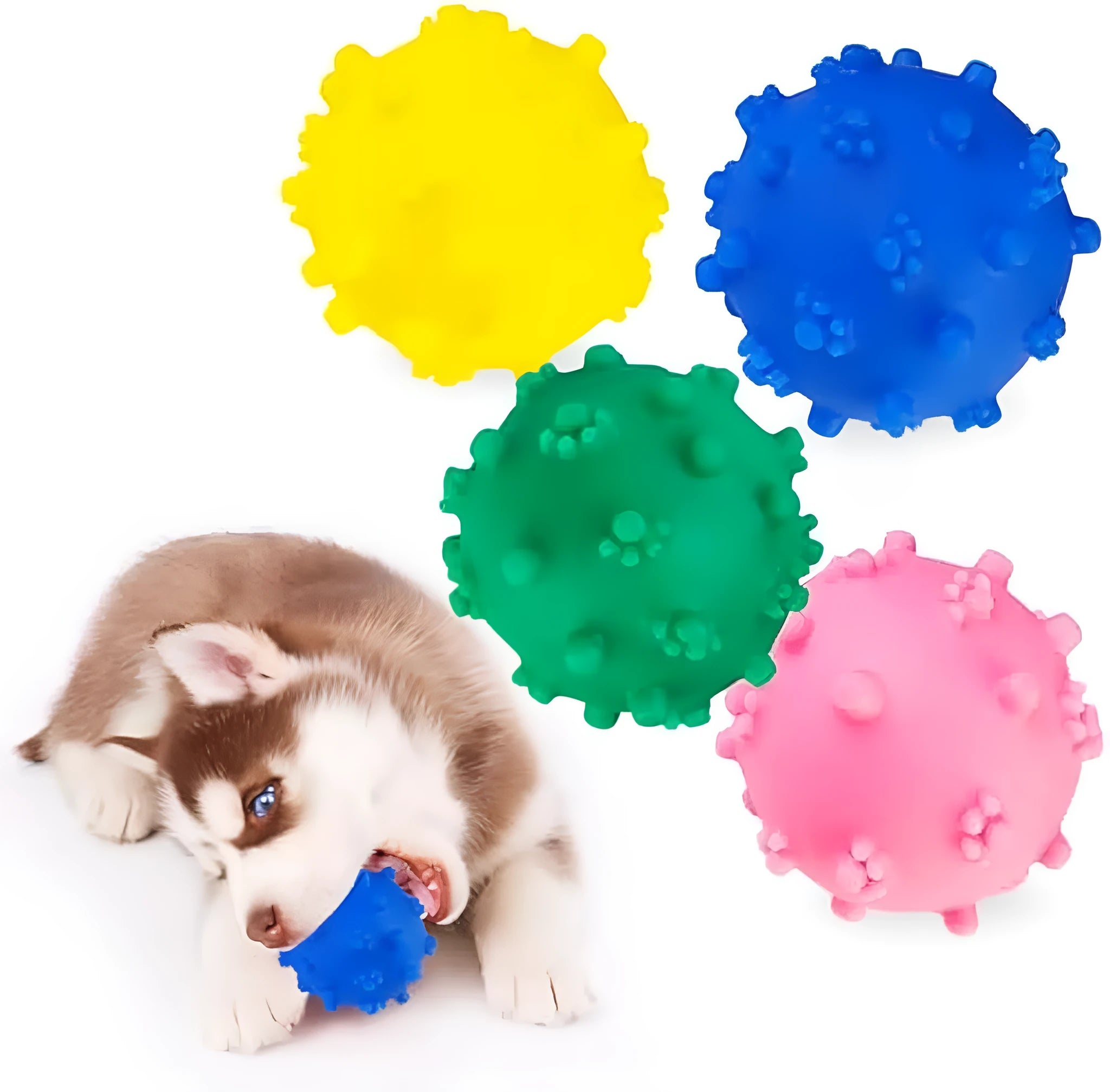 Bright coloured spiked squeaky balls for small dogs on grass