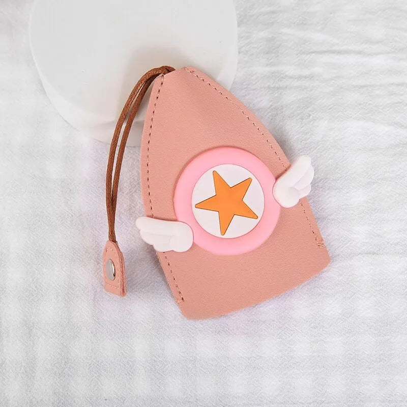 Cartoon-themed PU leather car key case with pull-out mechanism measuring 14x7.5 cm