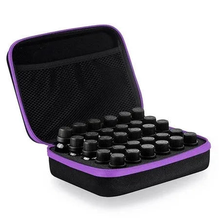 Red EVA essential oil storage bag with 30 compartments for 15ml bottles, shown with zipper open.