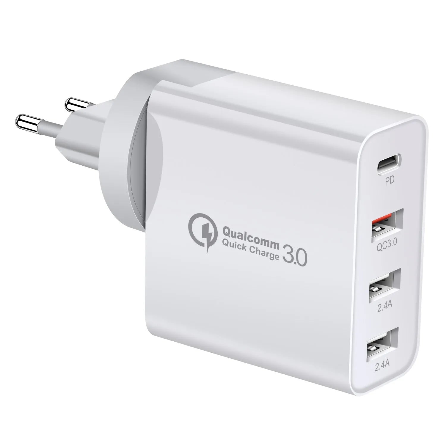 Black and white 48W USB-C PD charger with four ports and AU, EU, UK, US plug adapters