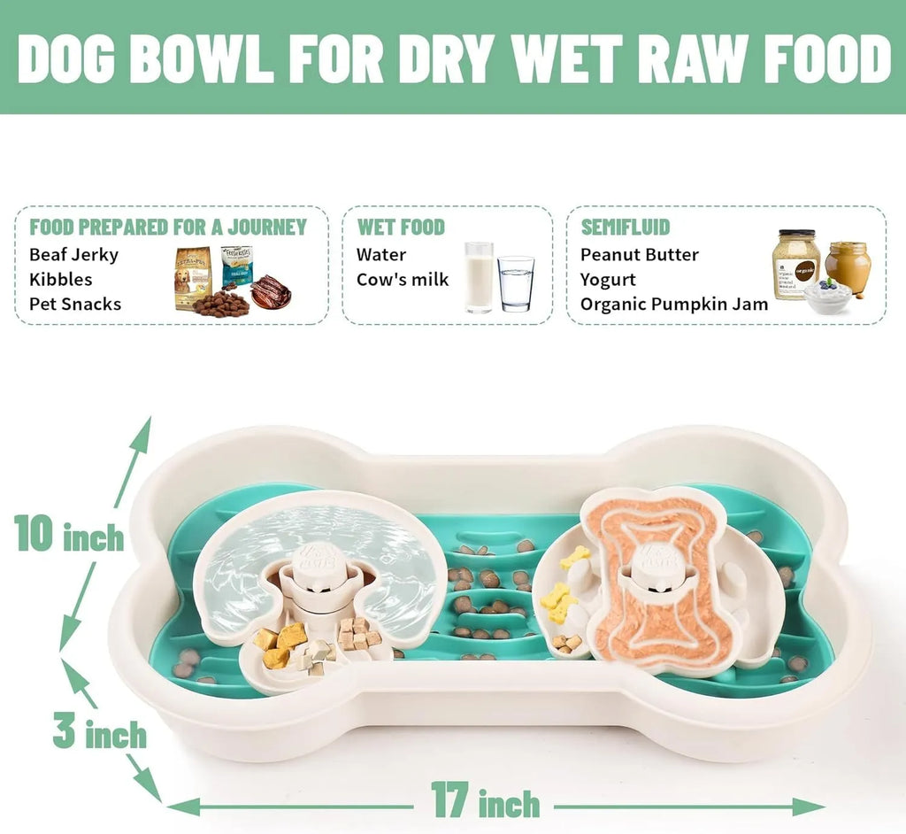 Large green slow feeder dog bowl with puzzle trays and non-slip suction cups for big breed dogs