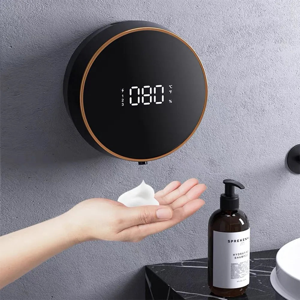 Smart automatic sensing foam soap dispenser with USB charging port mounted on bathroom wall
