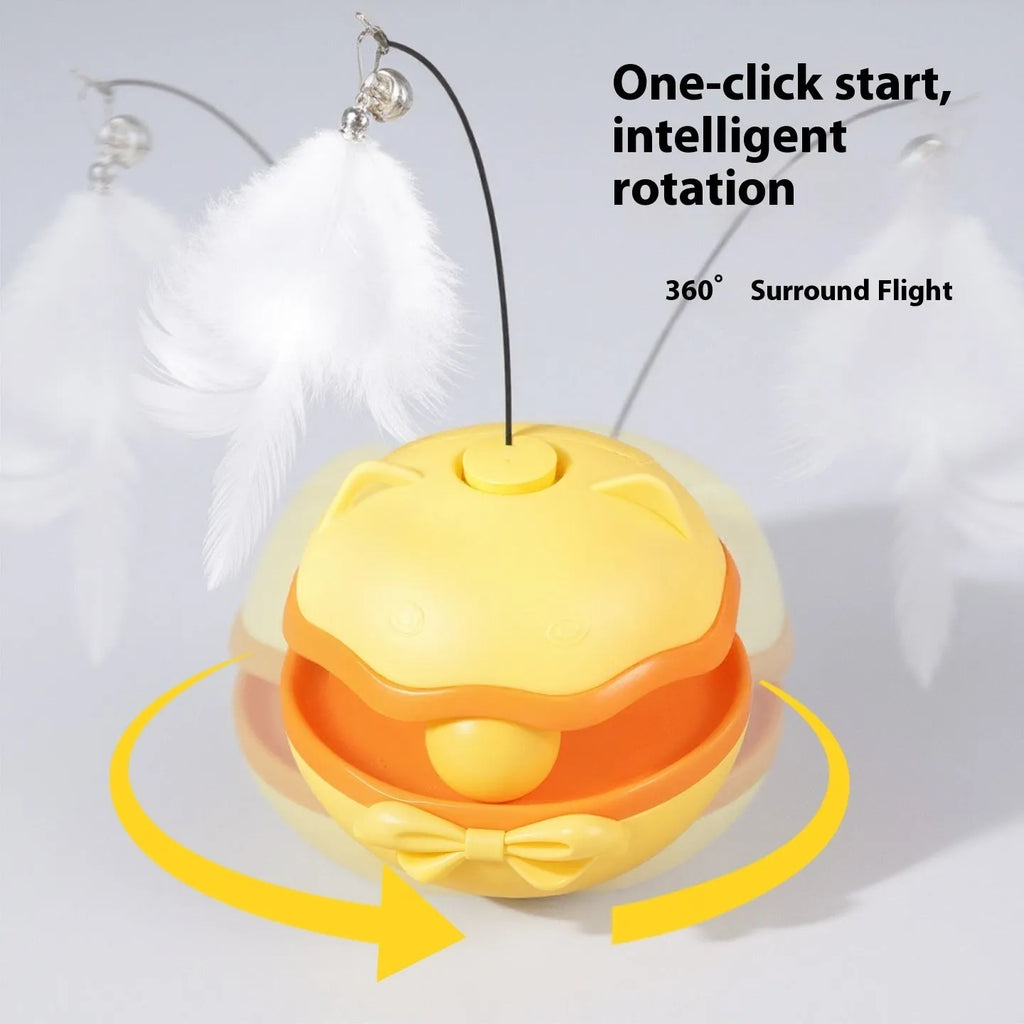 Electric self-tumbling cat teaser wand toy in lemon yellow, sky blue, or soft fog grey.