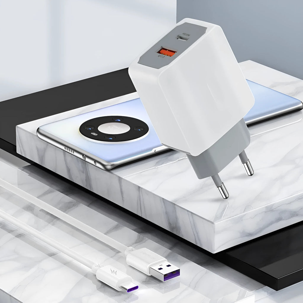 White USB fast charger set with European standard cable and fireproof ABS PC construction