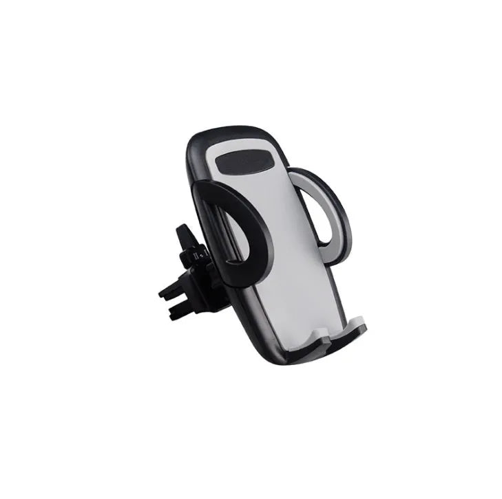 Black car air vent mobile phone holder attached to air conditioning outlet holding smartphone