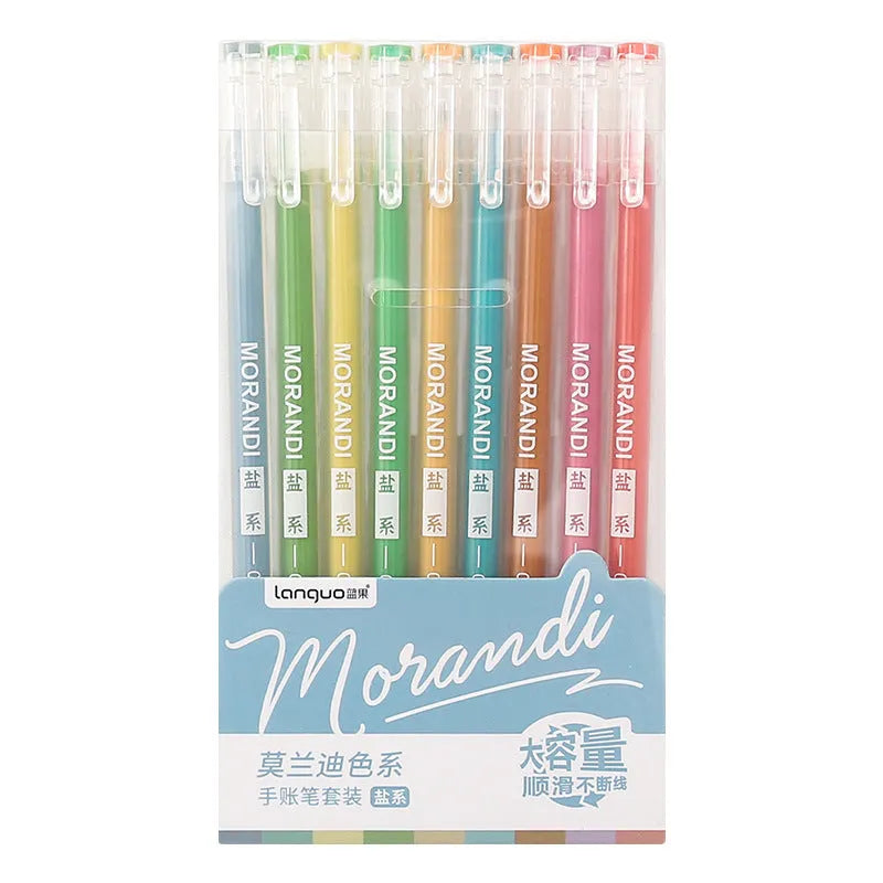 Retro gel pen set with nine 0.5mm needle tip pens in a plastic case, showing colour theme options.