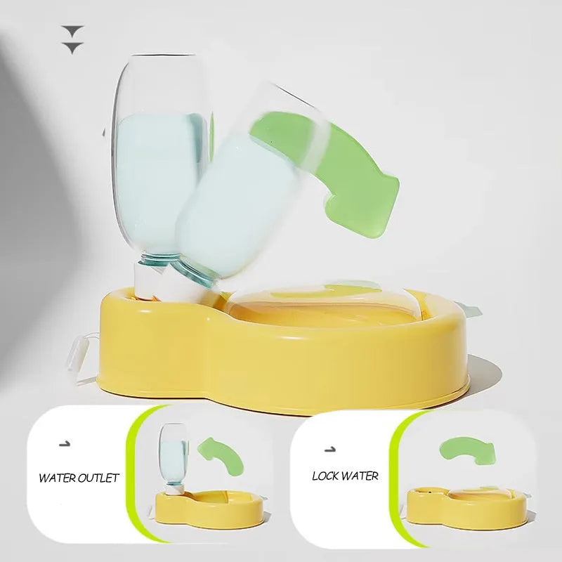 Green portable dog water bottle with pull-out bowl, shown next to orange and yellow versions.