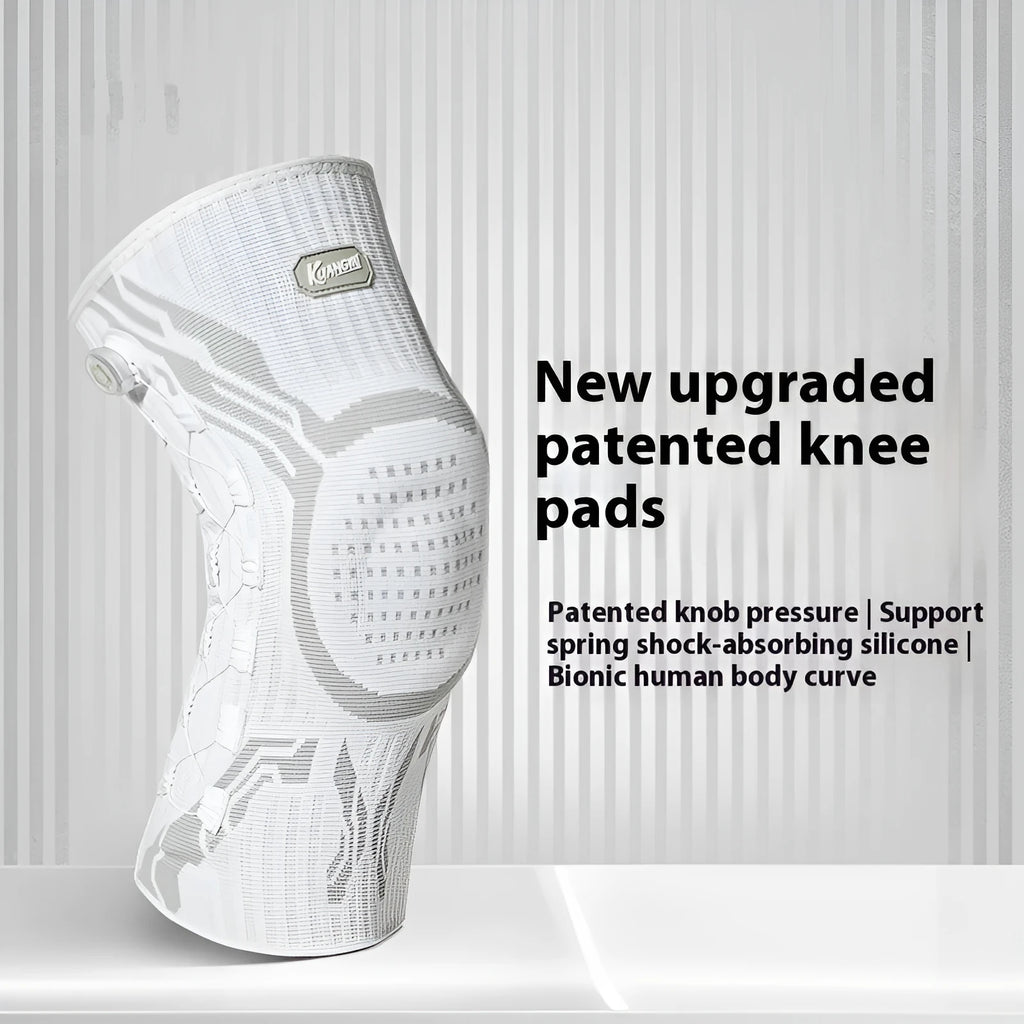 Grey and white sports knee pad for adults, shown in sizes M, L, XL for basketball and football.