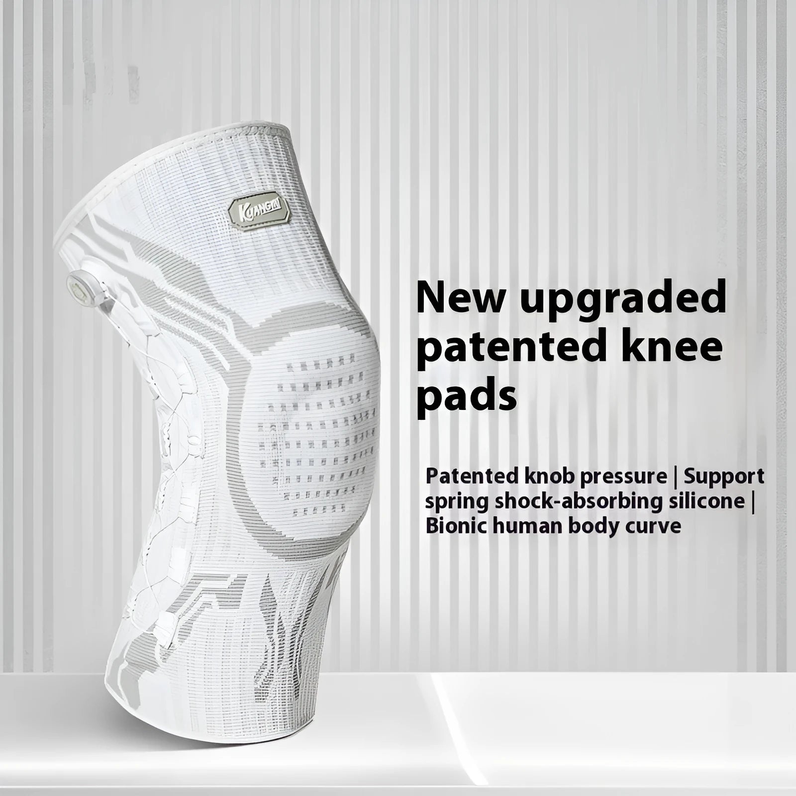 Grey and white sports knee pad for adults, shown in sizes M, L, XL for basketball and football.