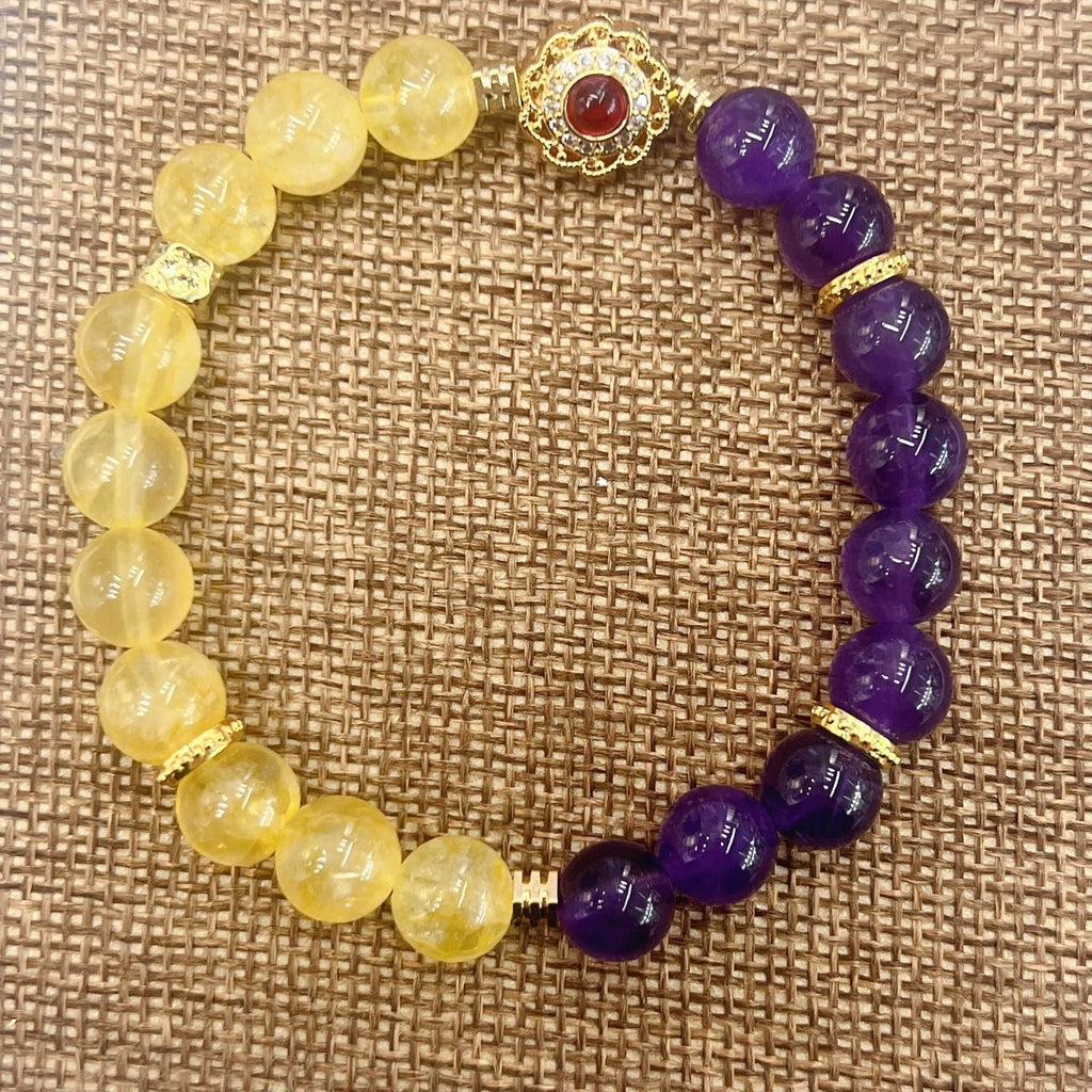 Handmade yellow and purple women's crystal bracelet with amethyst stones