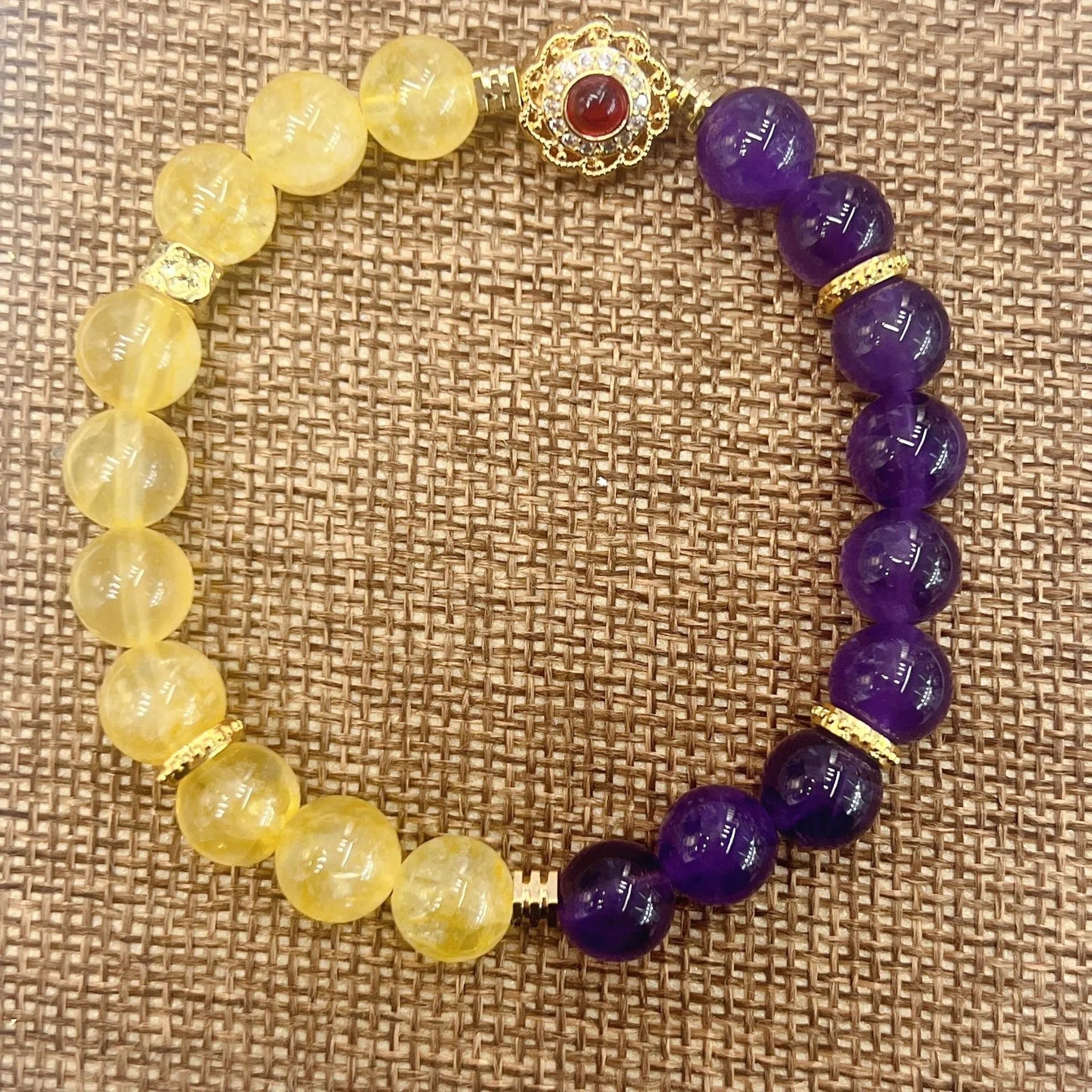 Handmade yellow and purple women's crystal bracelet with amethyst stones