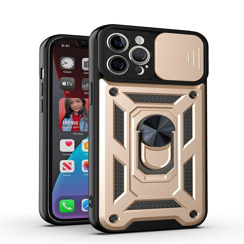 Sergeant sliding window magnetic phone case for iPhone in blue, showing back cover design with integrated bracket.