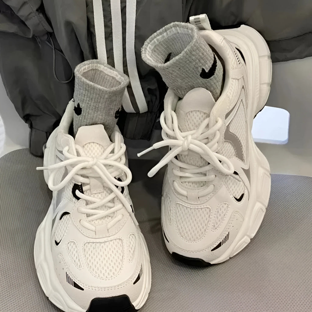 Beige mesh platform sports shoes with wedge heel and lace-up front design