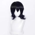 Short black and red anime cosplay wig for men with a lengthened hair tail.