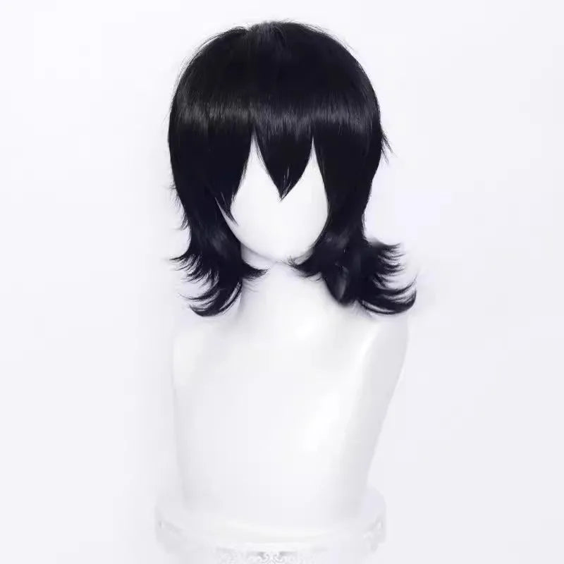Short black and red anime cosplay wig for men with a lengthened hair tail.