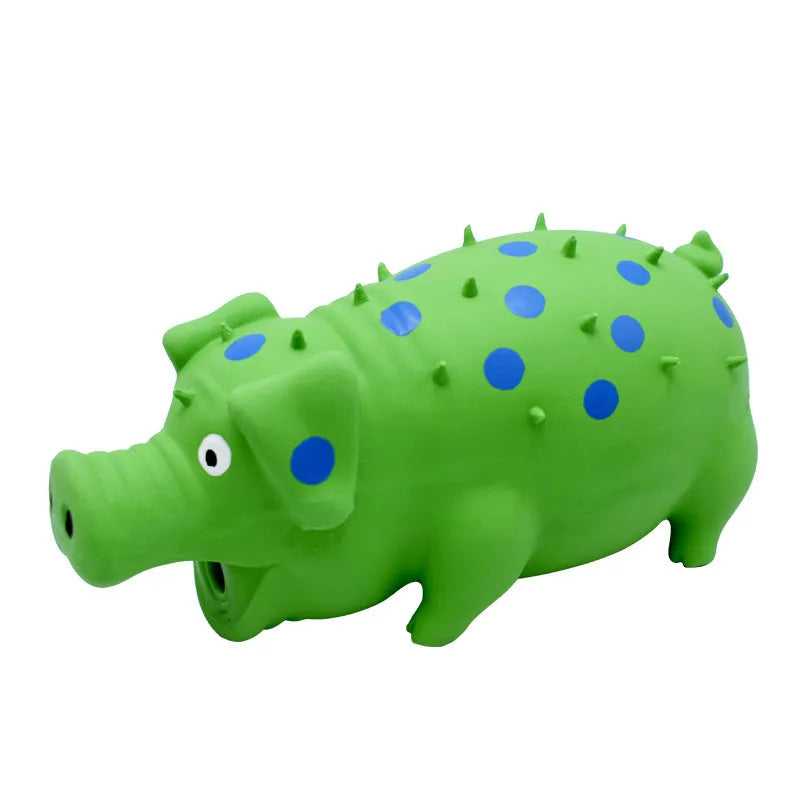 Blue latex pig-shaped dog chew toy with textured surface and squeaky function