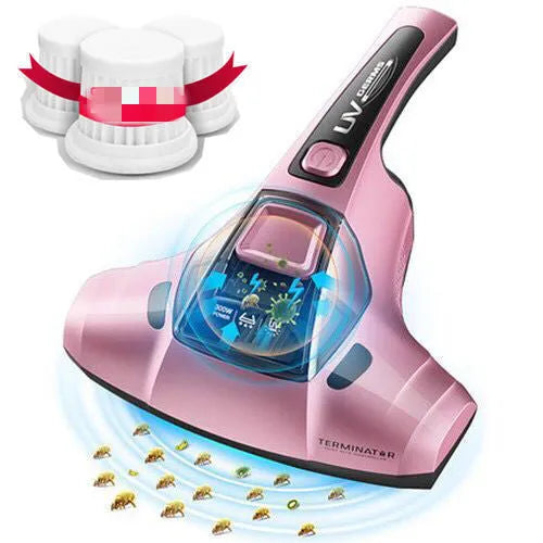 Pink handheld vacuum cleaner for mite removal on a mattress.