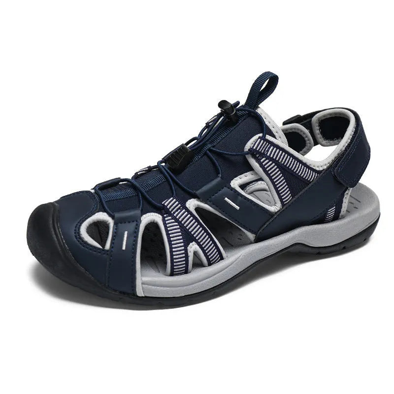 Men's blue casual sports shoe with Velcro straps and a breathable mesh upper on a rubber sole.