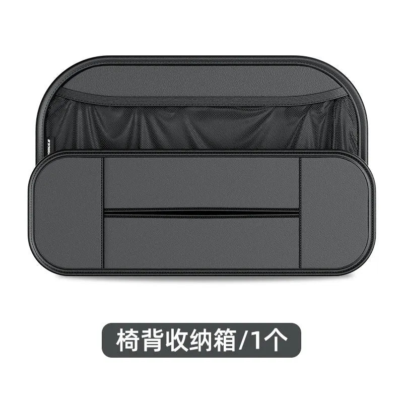 Black leather car seat rear storage bag with adjustable compartments