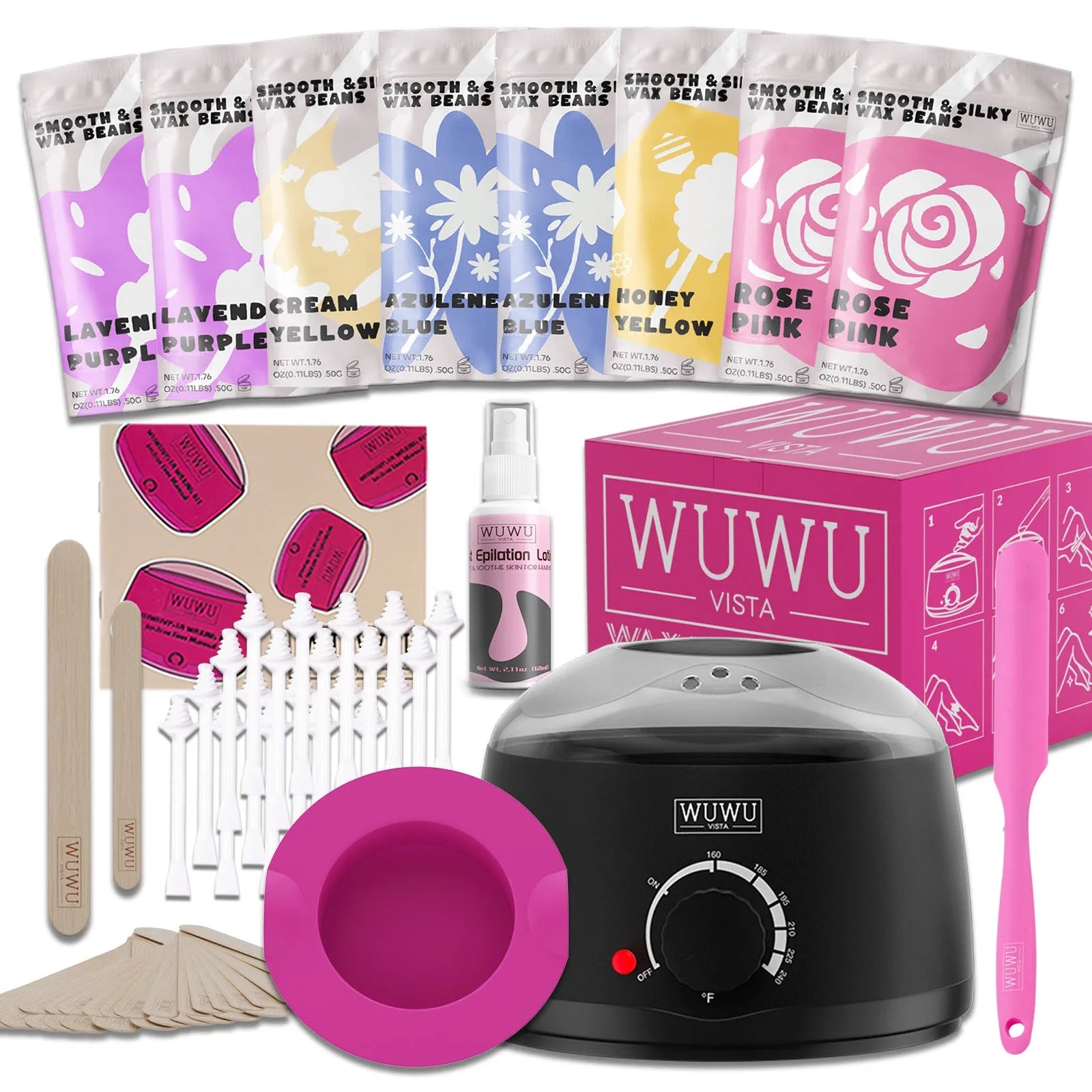 WUWUVISTA 63-piece waxing kit with black wax warmer, wax beads, applicator sticks and aftercare products