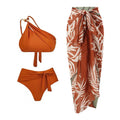 Women's high-waisted push-up swimsuit with brown chiffon dress cover-up showing split skirt design