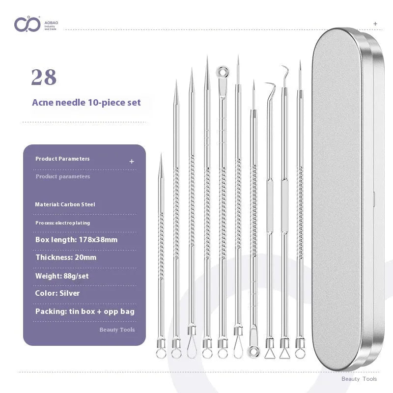 4-piece metal acne needle set with ultra fine pointed tips on silver background