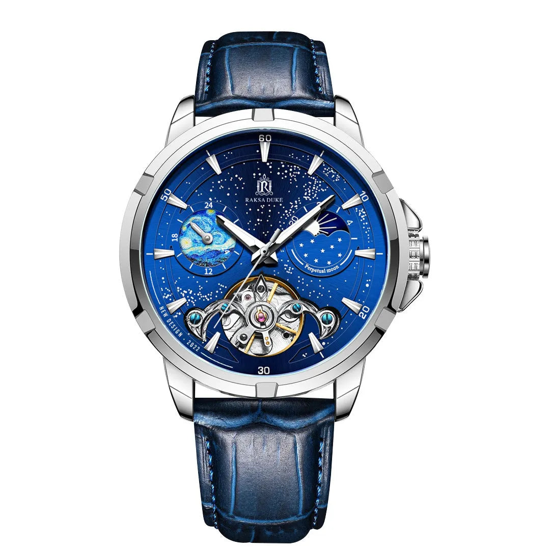 Men's blue automatic skeleton watch with open-heart dial on wrist