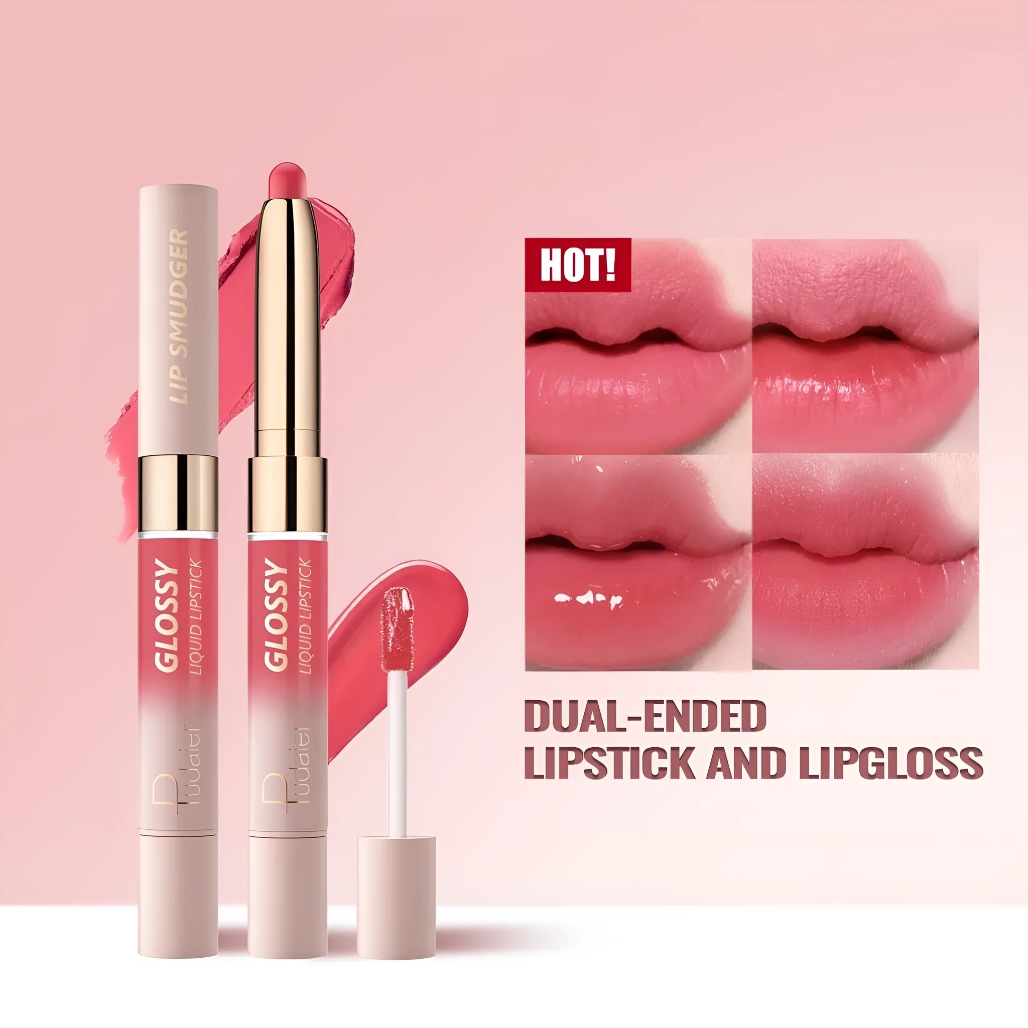 Double-headed lipstick and lip gloss in matte finish showing 10 colour options numbered 01 to 10
