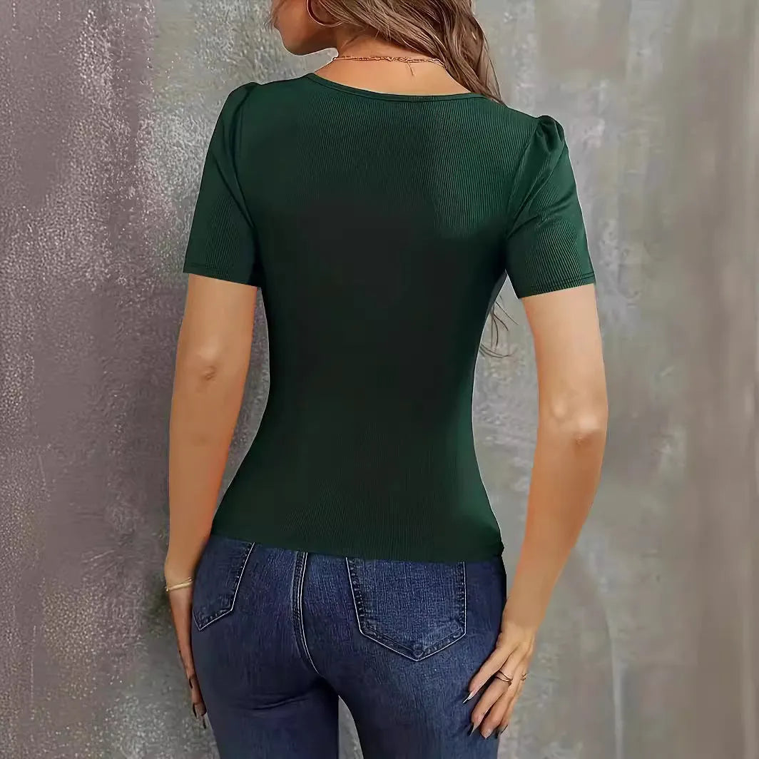Women's slim fit knitted short sleeve top with low neckline in wine red, black or green colours