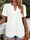 White women's V-neck T-shirt with hollow-out pattern and short sleeves in loose fit