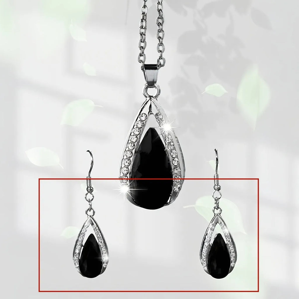Teardrop pendant necklace and earrings suite with water droplet design in alloy