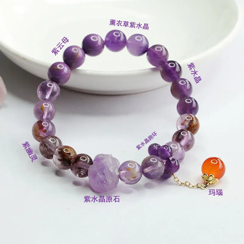 Natural nine purple amethyst and red agate multi-treasure crystal bracelet in Mori style