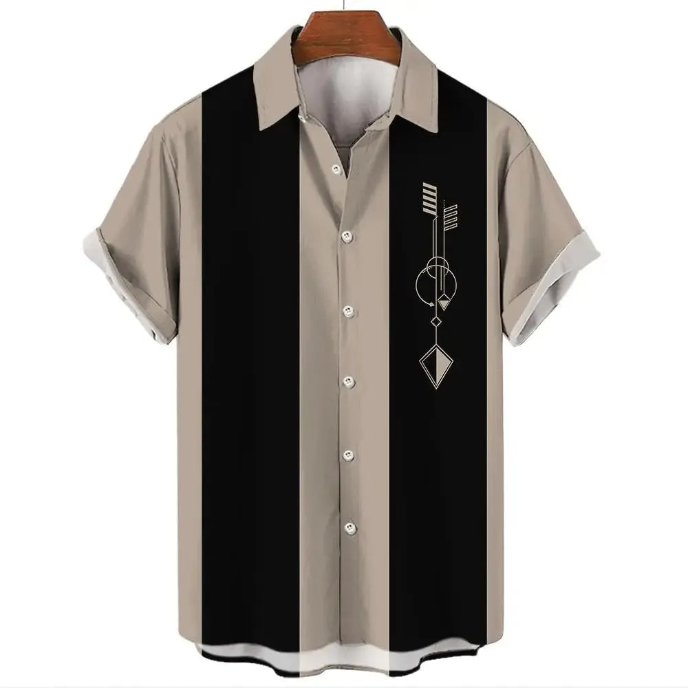 Man wearing a striped short-sleeve button-up Hawaiian shirt in a casual setting