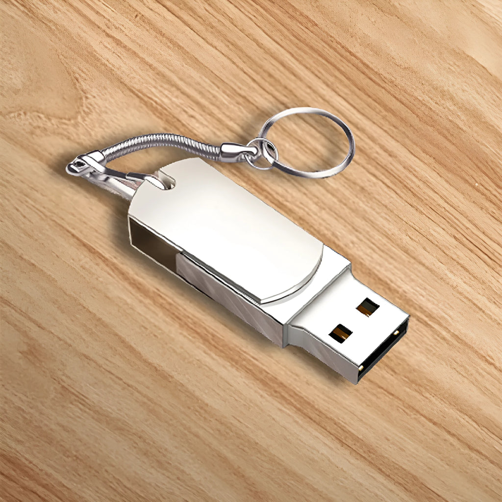 White rotating metal USB 3.0 flash drive in compact small fat design on a grey background.