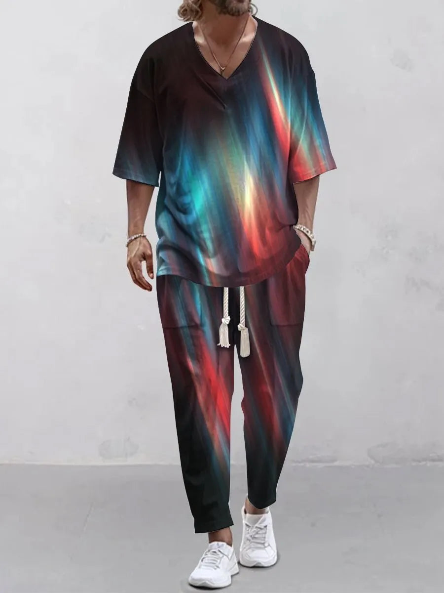 Cropped sleeve V-neck jacket and matching trousers suit set in thin polyester fabric