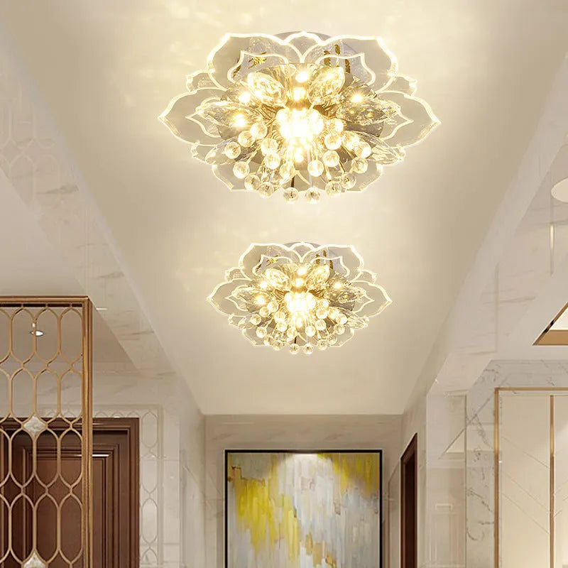 Small modern crystal ceiling lamp with flower-shaped shade and LED light for rooms up to 10 square metres