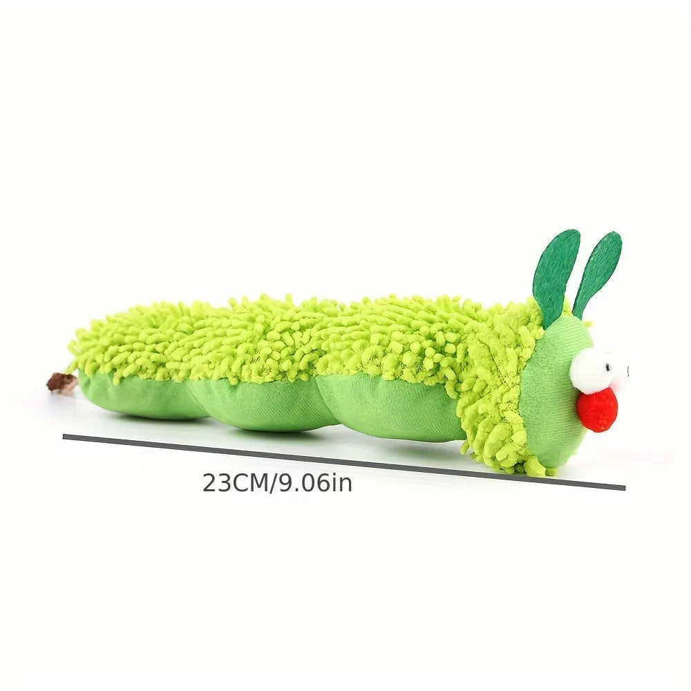 Green plush interactive cat toy pillow on a white background