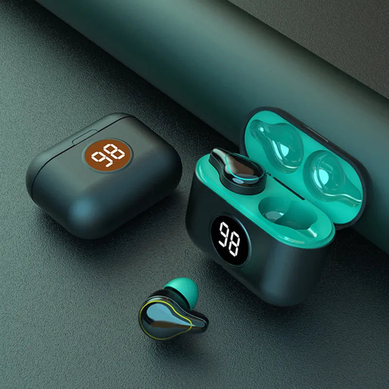 Black and Blue in-ear bluetooth headsets showing plug-in earpiece design.