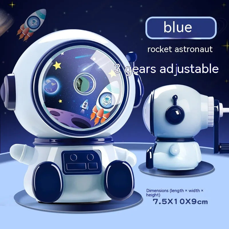 Children's cartoon astronaut themed manual pencil sharpener in blue or pink with adjustable sharpening levels