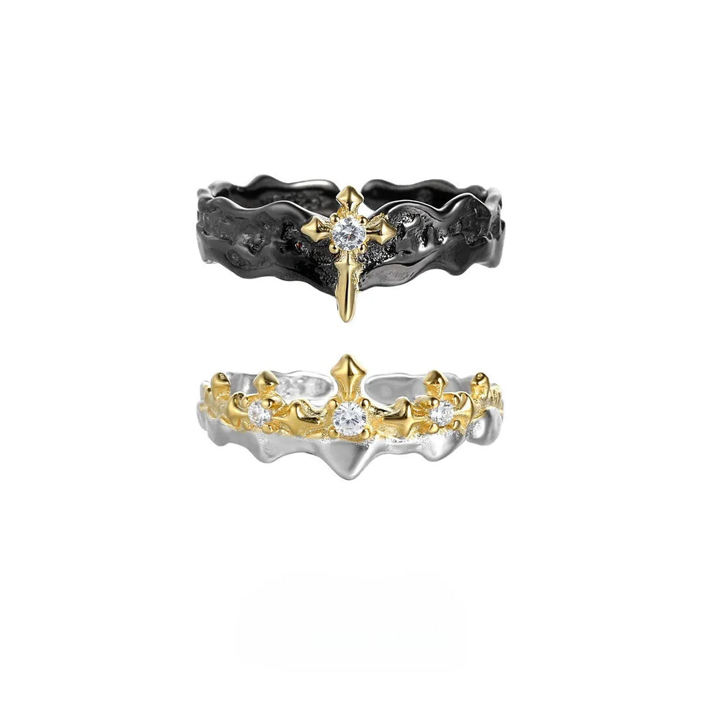 Princess knight couple ring with adjustable opening in electroplated silver showing white gold and black gold colour options
