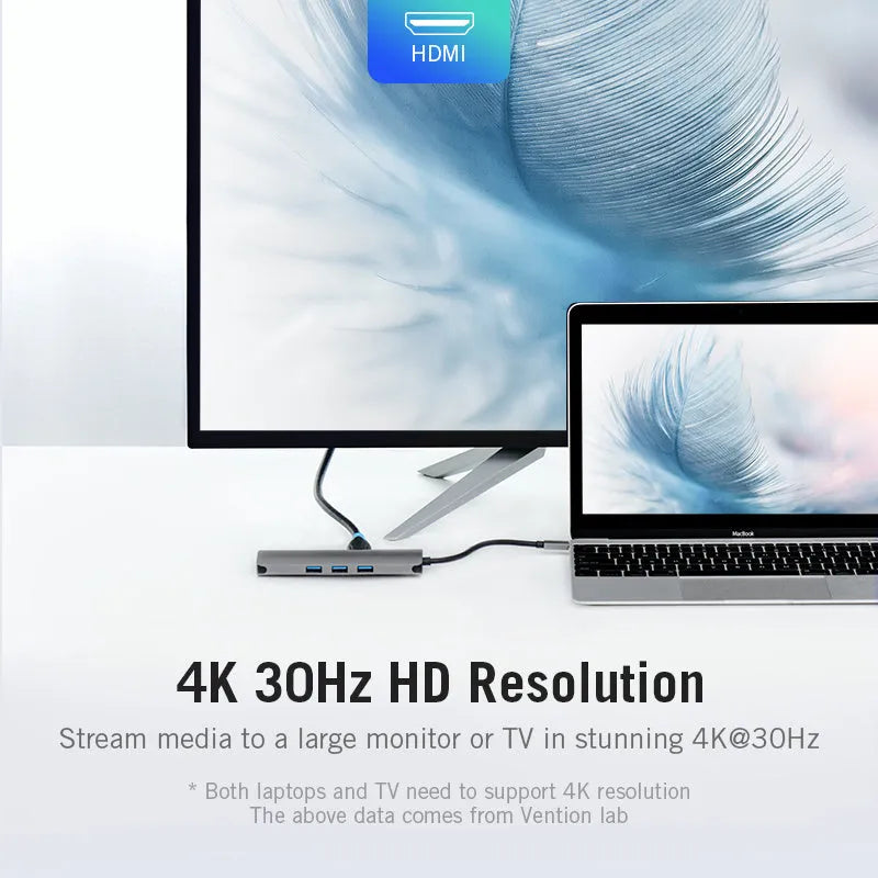 Type-C to HDMI USB3.0 RJ45 TF SD PD converter hub with aluminium alloy shell and 0.15m cable