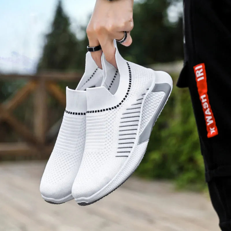 Men's striped mesh sock shoes with lace-up front and round toe design