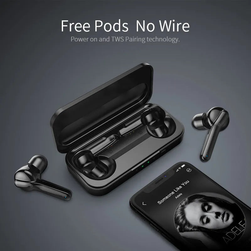 Black and white true wireless Bluetooth 5.0 earbuds with IPX5 waterproof rating