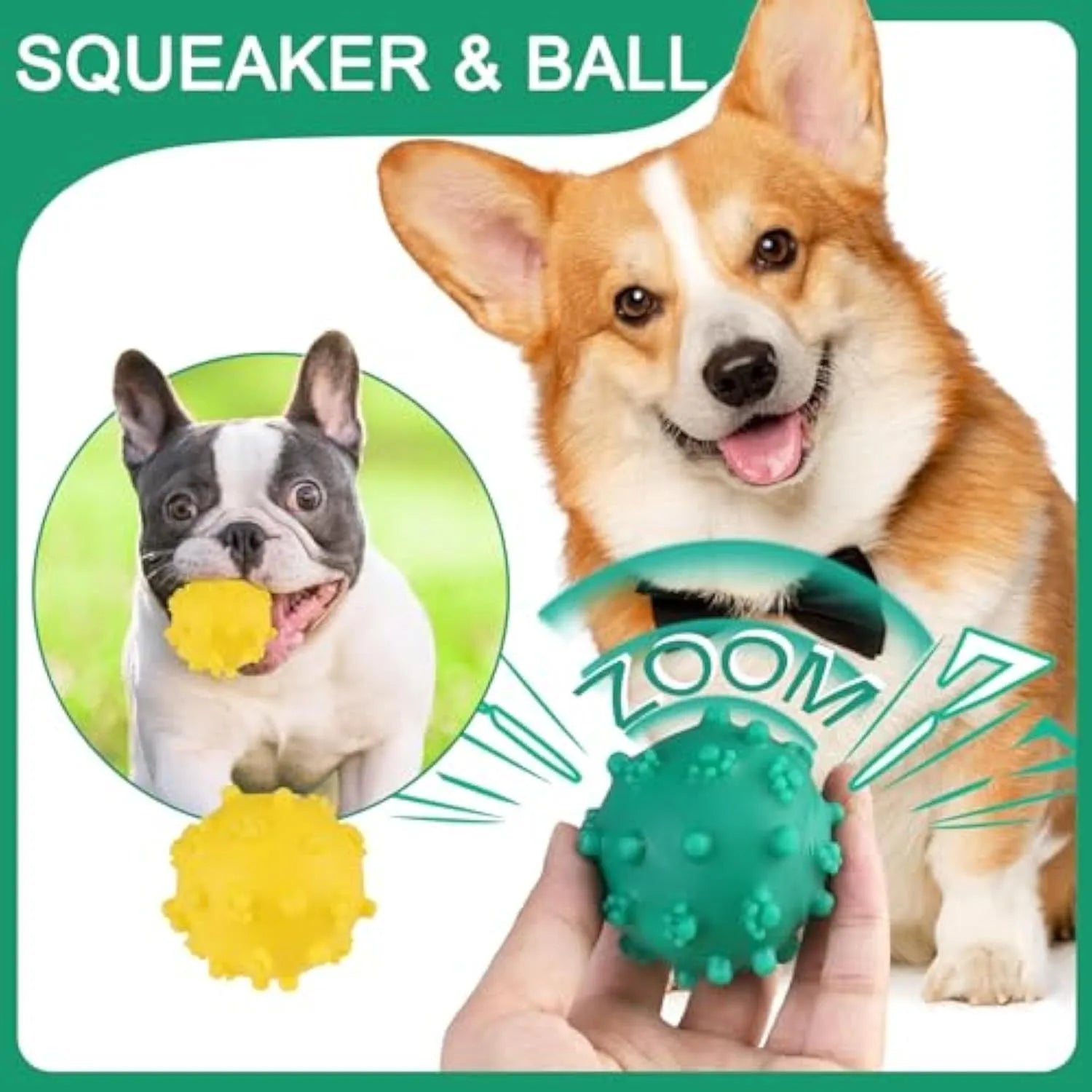 Bright coloured spiked squeaky balls for small dogs on grass